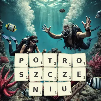 Kreatywna ilustracja do gry w Scrabble ze słowem POTROSZCZENIU ułożonym z płytek na planszy.