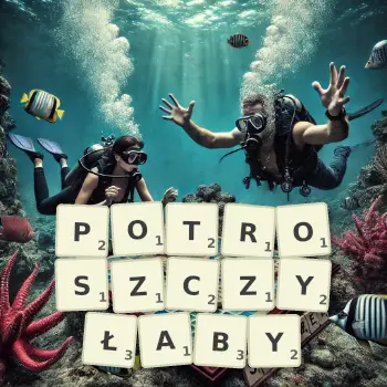 Kreatywna ilustracja do gry w Scrabble ze słowem POTROSZCZYŁABY ułożonym z płytek na planszy.