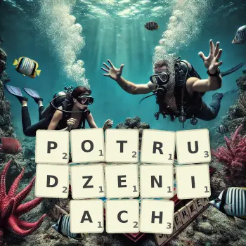 Kreatywna ilustracja do gry w Scrabble ze słowem POTRUDZENIACH ułożonym z płytek na planszy.