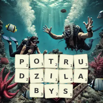 Kreatywna ilustracja do gry w Scrabble ze słowem POTRUDZILABYS ułożonym z płytek na planszy.