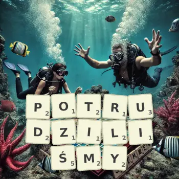 Kreatywna ilustracja do gry w Scrabble ze słowem POTRUDZILIŚMY ułożonym z płytek na planszy.