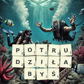 Kreatywna ilustracja do gry w Scrabble ze słowem POTRUDZIŁABYŚ ułożonym z płytek na planszy.