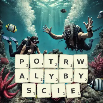 Kreatywna ilustracja do gry w Scrabble ze słowem POTRWALYBYSCIE ułożonym z płytek na planszy.