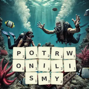 Kreatywna ilustracja do gry w Scrabble ze słowem POTRWONILISMY ułożonym z płytek na planszy.