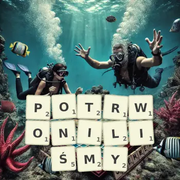 Kreatywna ilustracja do gry w Scrabble ze słowem POTRWONILIŚMY ułożonym z płytek na planszy.
