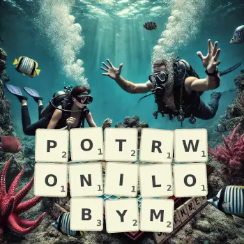 Kreatywna ilustracja do gry w Scrabble ze słowem POTRWONILOBYM ułożonym z płytek na planszy.