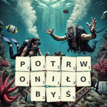 Kreatywna ilustracja do gry w Scrabble ze słowem POTRWONIŁOBYŚ ułożonym z płytek na planszy.