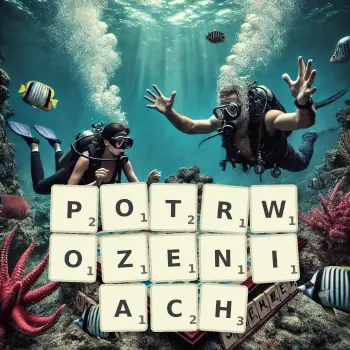 Kreatywna ilustracja do gry w Scrabble ze słowem POTRWOZENIACH ułożonym z płytek na planszy.