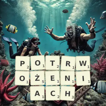 Kreatywna ilustracja do gry w Scrabble ze słowem POTRWOŻENIACH ułożonym z płytek na planszy.