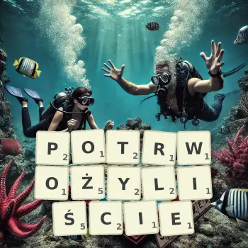 Kreatywna ilustracja do gry w Scrabble ze słowem POTRWOŻYLIŚCIE ułożonym z płytek na planszy.