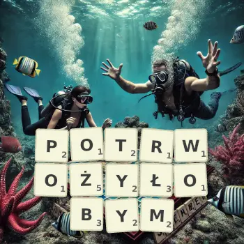 Kreatywna ilustracja do gry w Scrabble ze słowem POTRWOŻYŁOBYM ułożonym z płytek na planszy.