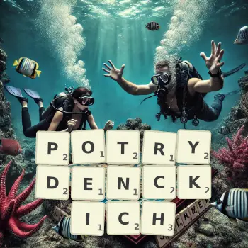 Kreatywna ilustracja do gry w Scrabble ze słowem POTRYDENCKICH ułożonym z płytek na planszy.