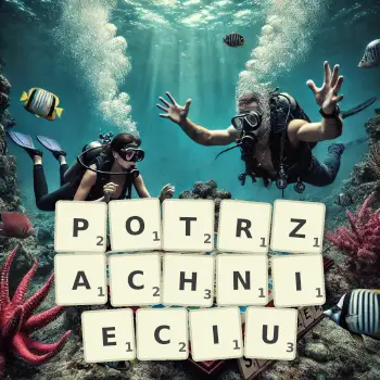Kreatywna ilustracja do gry w Scrabble ze słowem POTRZACHNIECIU ułożonym z płytek na planszy.
