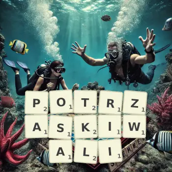 Kreatywna ilustracja do gry w Scrabble ze słowem POTRZASKIWALI ułożonym z płytek na planszy.