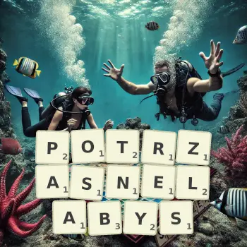 Kreatywna ilustracja do gry w Scrabble ze słowem POTRZASNELABYS ułożonym z płytek na planszy.