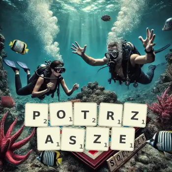 Kreatywna ilustracja do gry w Scrabble ze słowem POTRZASZE ułożonym z płytek na planszy.