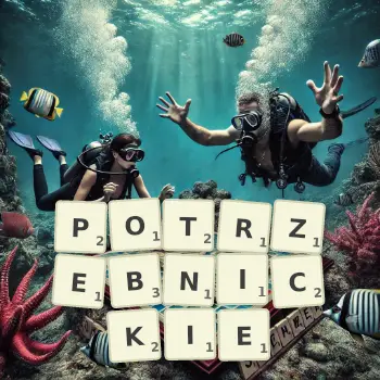 Kreatywna ilustracja do gry w Scrabble ze słowem POTRZEBNICKIE ułożonym z płytek na planszy.