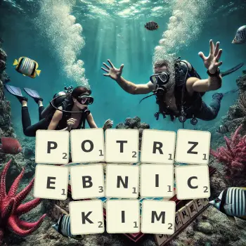 Kreatywna ilustracja do gry w Scrabble ze słowem POTRZEBNICKIM ułożonym z płytek na planszy.