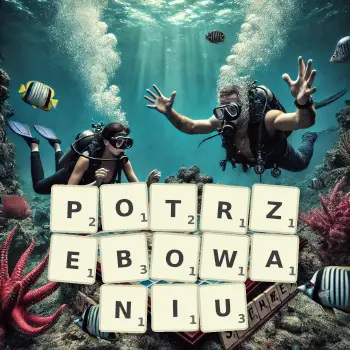 Kreatywna ilustracja do gry w Scrabble ze słowem POTRZEBOWANIU ułożonym z płytek na planszy.