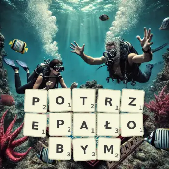 Kreatywna ilustracja do gry w Scrabble ze słowem POTRZEPAŁOBYM ułożonym z płytek na planszy.