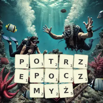 Kreatywna ilustracja do gry w Scrabble ze słowem POTRZEPOCZMYŻ ułożonym z płytek na planszy.