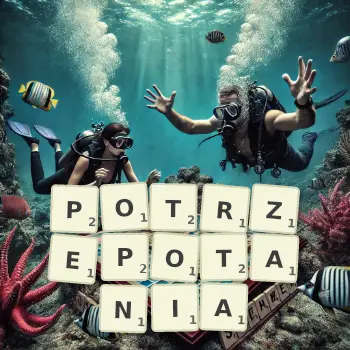 Kreatywna ilustracja do gry w Scrabble ze słowem POTRZEPOTANIA ułożonym z płytek na planszy.