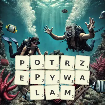 Kreatywna ilustracja do gry w Scrabble ze słowem POTRZEPYWALAM ułożonym z płytek na planszy.