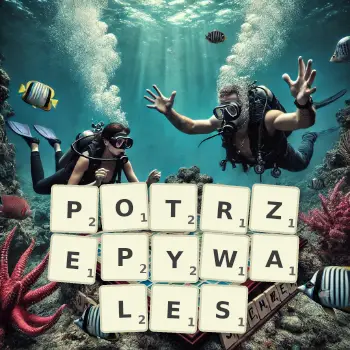 Kreatywna ilustracja do gry w Scrabble ze słowem POTRZEPYWALES ułożonym z płytek na planszy.