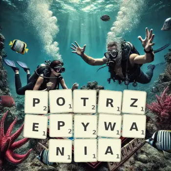 Kreatywna ilustracja do gry w Scrabble ze słowem POTRZEPYWANIA ułożonym z płytek na planszy.