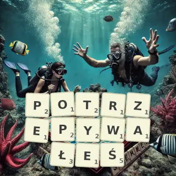 Kreatywna ilustracja do gry w Scrabble ze słowem POTRZEPYWAŁEŚ ułożonym z płytek na planszy.