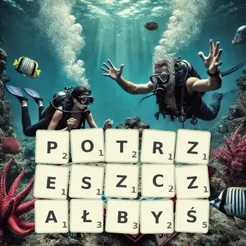 Kreatywna ilustracja do gry w Scrabble ze słowem POTRZESZCZAŁBYŚ ułożonym z płytek na planszy.