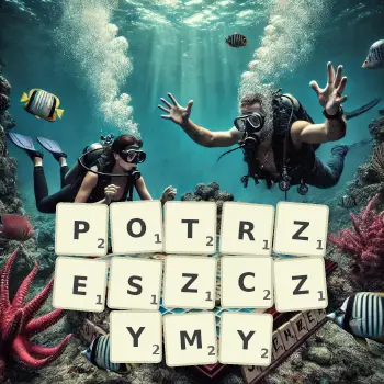 Kreatywna ilustracja do gry w Scrabble ze słowem POTRZESZCZYMY ułożonym z płytek na planszy.