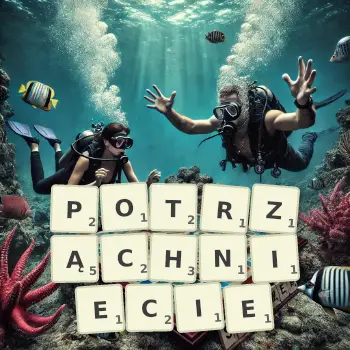 Kreatywna ilustracja do gry w Scrabble ze słowem POTRZĄCHNIECIE ułożonym z płytek na planszy.