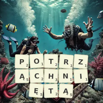 Kreatywna ilustracja do gry w Scrabble ze słowem POTRZĄCHNIĘTĄ ułożonym z płytek na planszy.