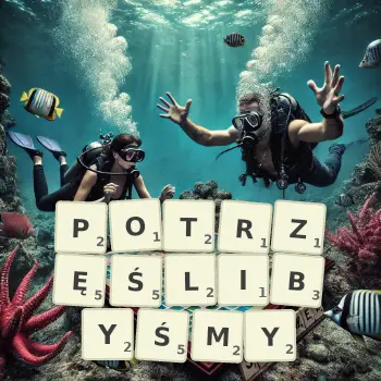 Kreatywna ilustracja do gry w Scrabble ze słowem POTRZĘŚLIBYŚMY ułożonym z płytek na planszy.