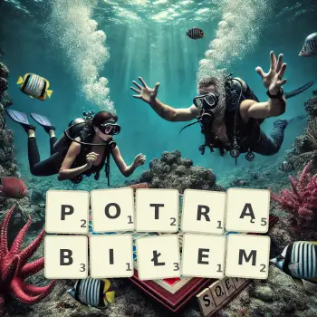 Kreatywna ilustracja do gry w Scrabble ze słowem POTRĄBIŁEM ułożonym z płytek na planszy.