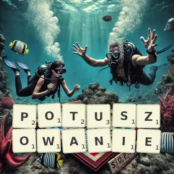 Kreatywna ilustracja do gry w Scrabble ze słowem POTUSZOWANIE ułożonym z płytek na planszy.