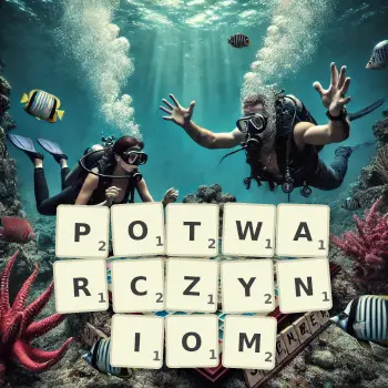 Kreatywna ilustracja do gry w Scrabble ze słowem POTWARCZYNIOM ułożonym z płytek na planszy.