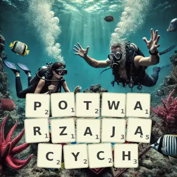 Kreatywna ilustracja do gry w Scrabble ze słowem POTWARZAJĄCYCH ułożonym z płytek na planszy.