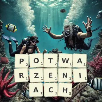 Kreatywna ilustracja do gry w Scrabble ze słowem POTWARZENIACH ułożonym z płytek na planszy.