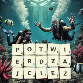 Kreatywna ilustracja do gry w Scrabble ze słowem POTWIERDZAJCIEŻ ułożonym z płytek na planszy.