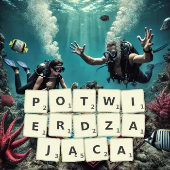 Kreatywna ilustracja do gry w Scrabble ze słowem POTWIERDZAJĄCA ułożonym z płytek na planszy.