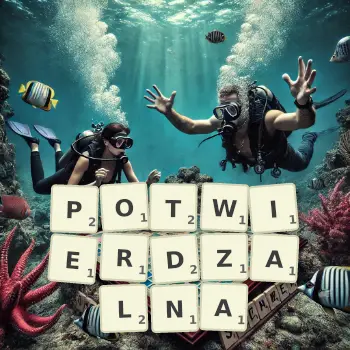 Kreatywna ilustracja do gry w Scrabble ze słowem POTWIERDZALNA ułożonym z płytek na planszy.