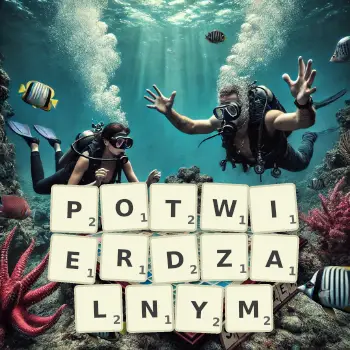 Kreatywna ilustracja do gry w Scrabble ze słowem POTWIERDZALNYM ułożonym z płytek na planszy.