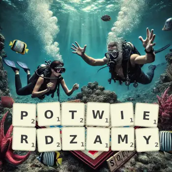 Kreatywna ilustracja do gry w Scrabble ze słowem POTWIERDZAMY ułożonym z płytek na planszy.