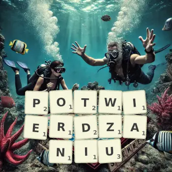 Kreatywna ilustracja do gry w Scrabble ze słowem POTWIERDZANIU ułożonym z płytek na planszy.
