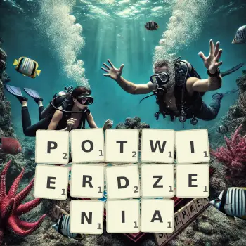 Kreatywna ilustracja do gry w Scrabble ze słowem POTWIERDZENIA ułożonym z płytek na planszy.