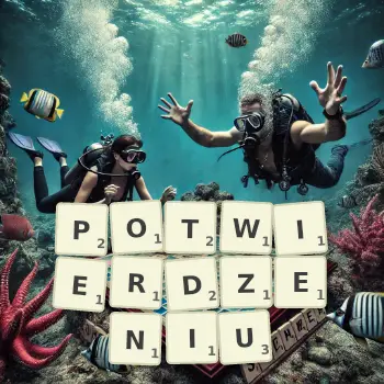 Kreatywna ilustracja do gry w Scrabble ze słowem POTWIERDZENIU ułożonym z płytek na planszy.