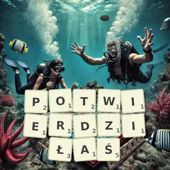 Kreatywna ilustracja do gry w Scrabble ze słowem POTWIERDZIŁAŚ ułożonym z płytek na planszy.