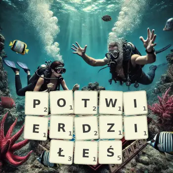 Kreatywna ilustracja do gry w Scrabble ze słowem POTWIERDZIŁEŚ ułożonym z płytek na planszy.